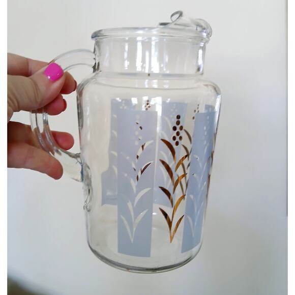 Vintage 7" MCM Frosted Glass Ice-Lip Pitcher Retro Glass Pitcher Blue Gold - Picture 3 of 8